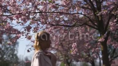 年轻的白种人白种人女人在欧洲的里加拉脱维亚欣赏樱花樱花树